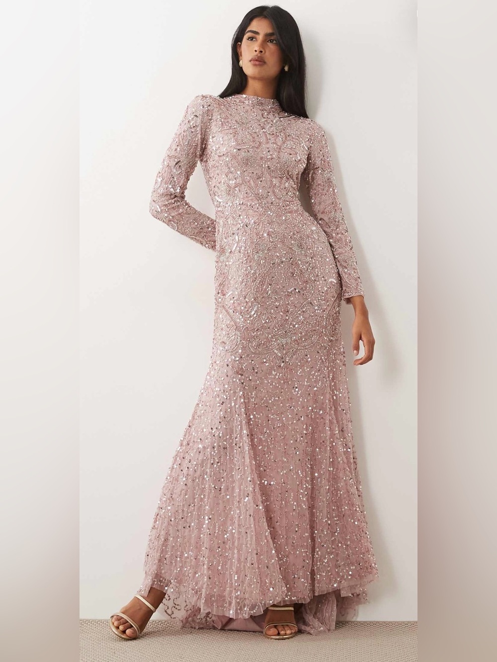 Beaded Long-Sleeve Blush Evening Dress